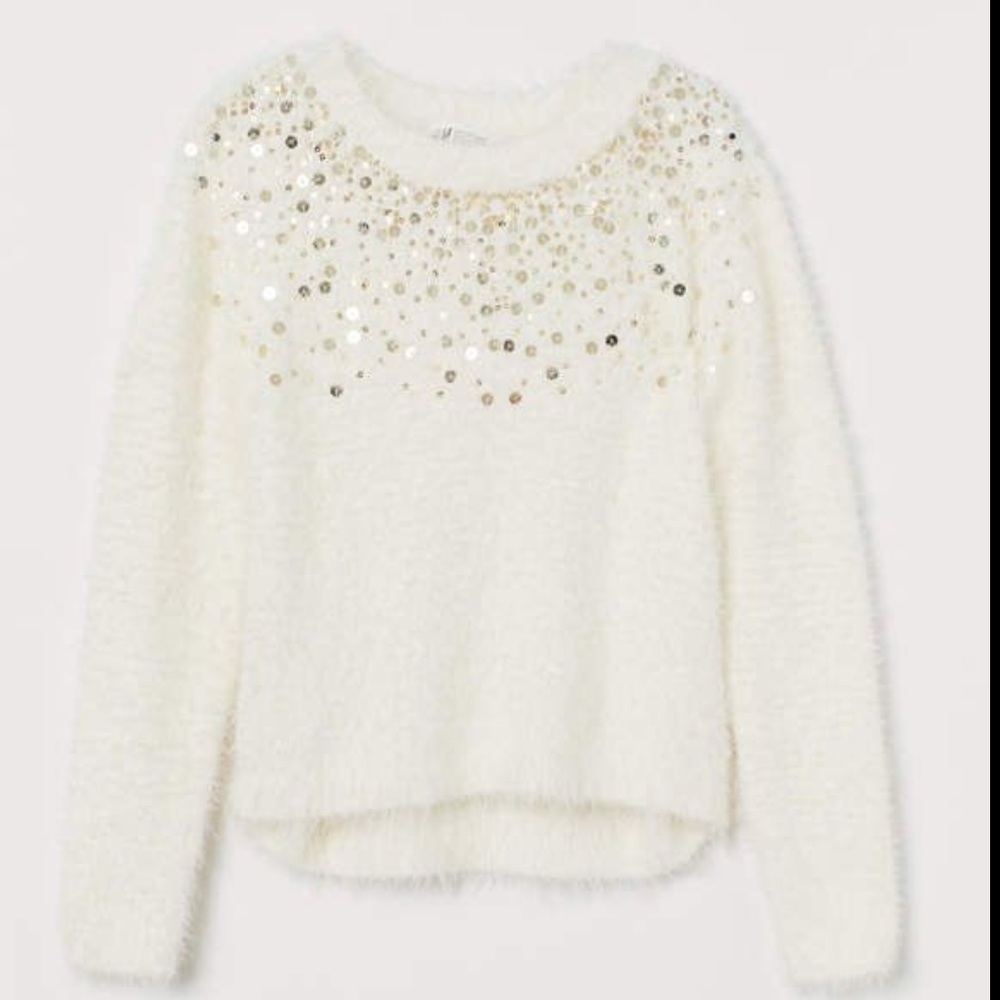 H&M Girl’s 6-8 Cream Fuzzy Sweater with Gold Sequins